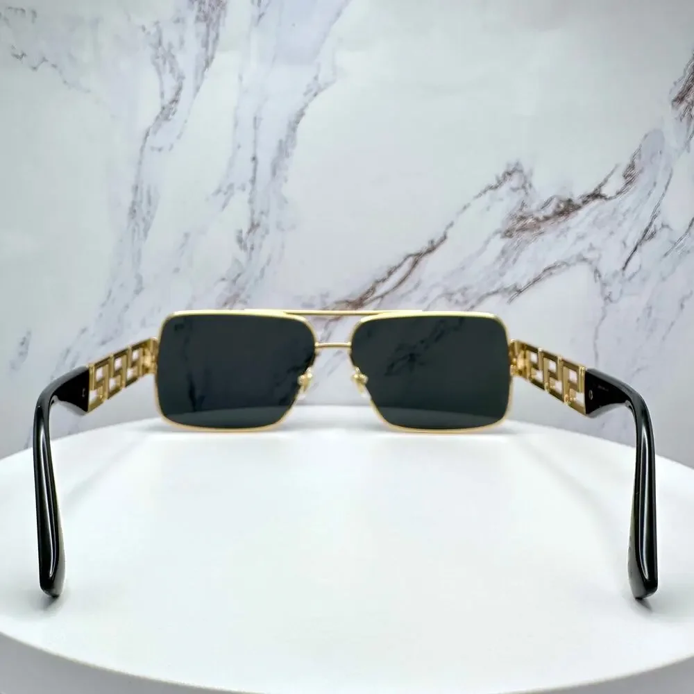 New VERSACE Sunglasses Gold Metal Greca Logo Rectangle Black Gray